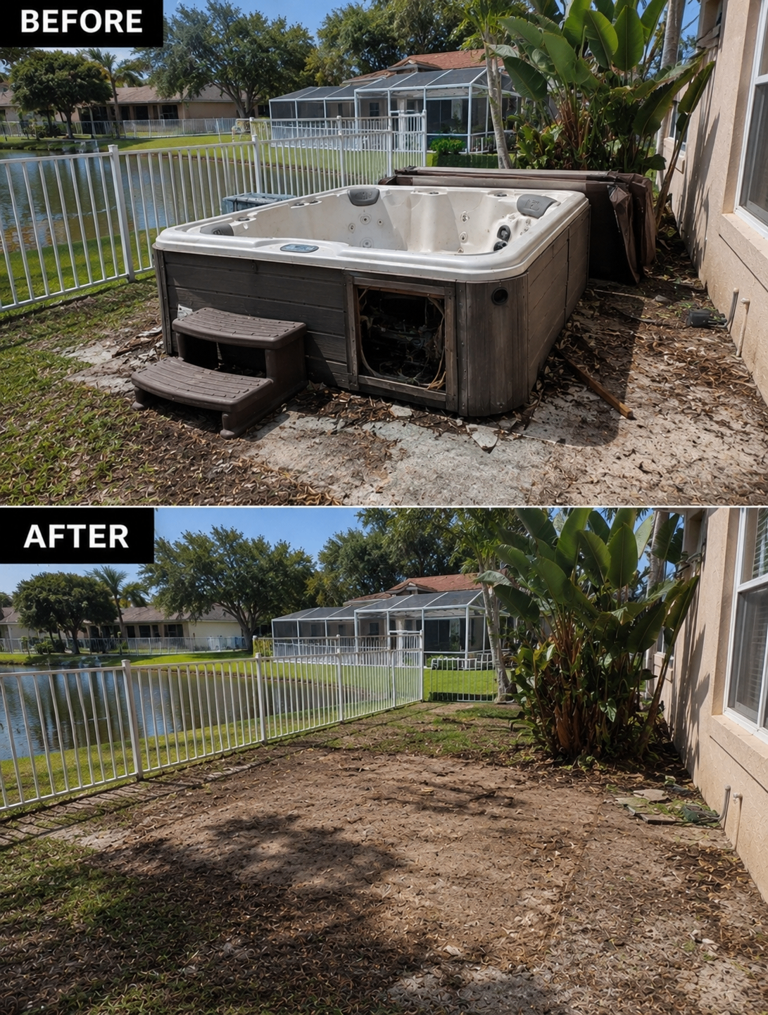 Before and after hot tub removal on lakefront property