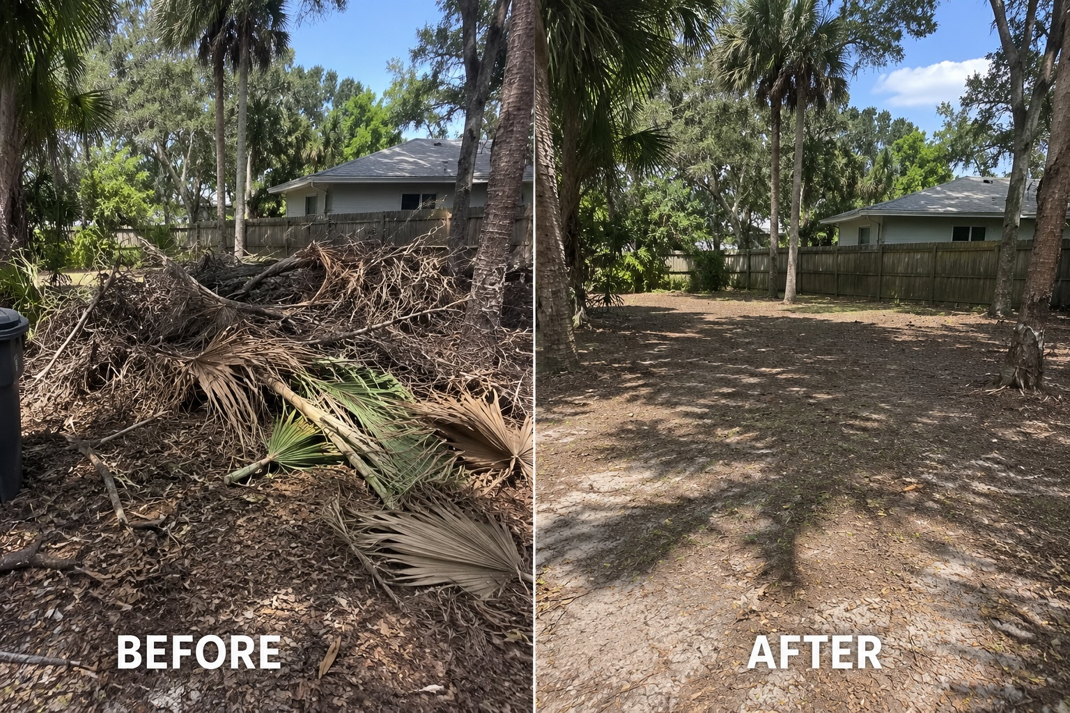 Before and after yard debris cleanup in Port Charlotte