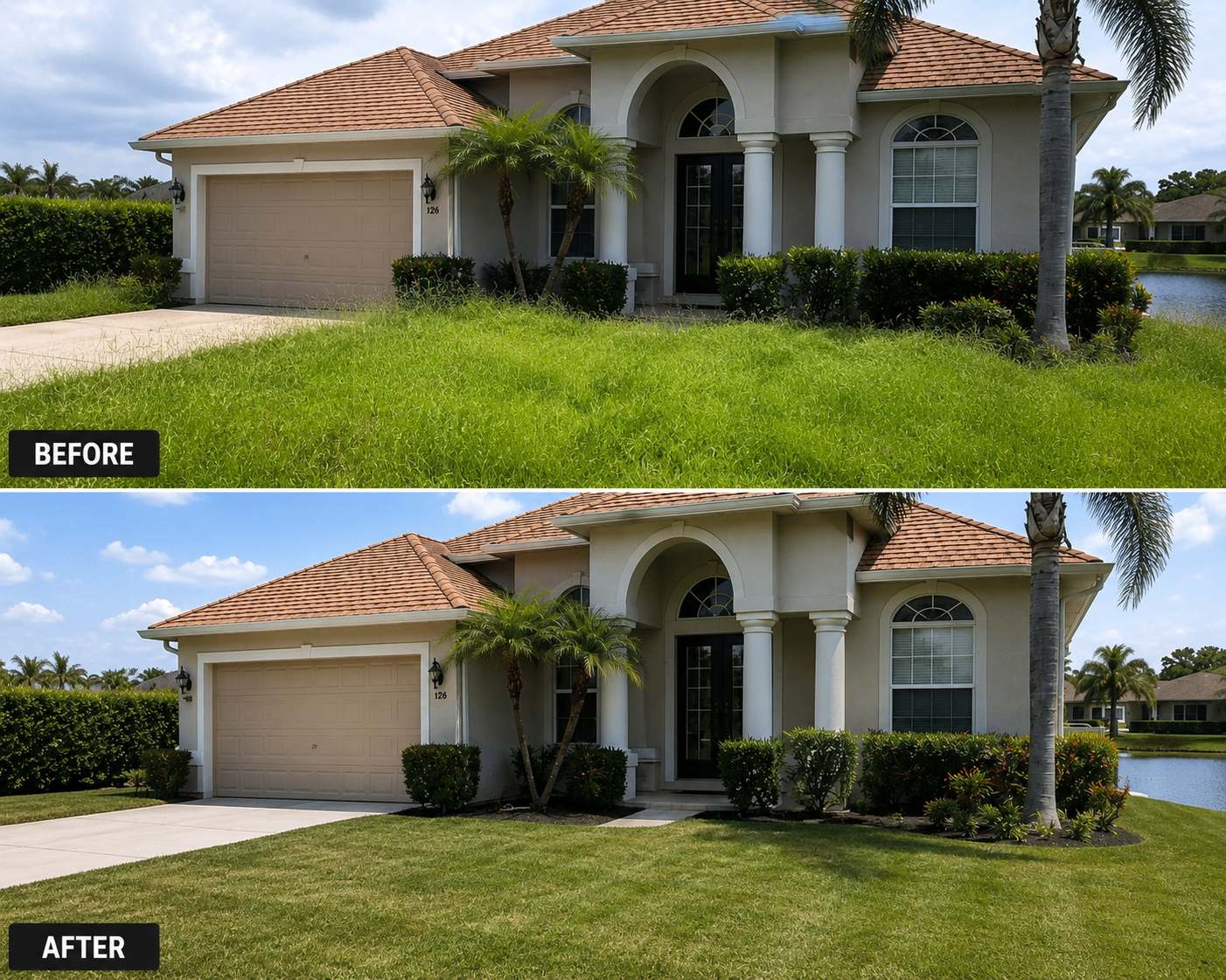 Before and after lawn mowing and edging at a Charlotte County home